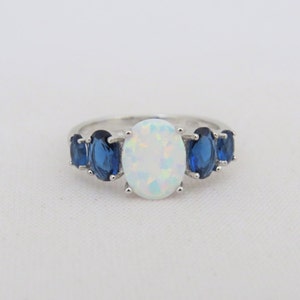 Vintage Sterling Silver White Opal & Blue Sapphire Ring Size 6