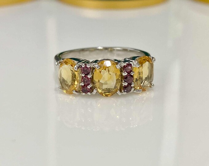 Vintage Sterling Silver Natural Citrine & Rhodolite Ring Size 7