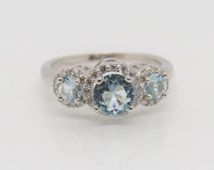 Vintage Sterling Silver Aquamarine & White Topaz Ring Size 8