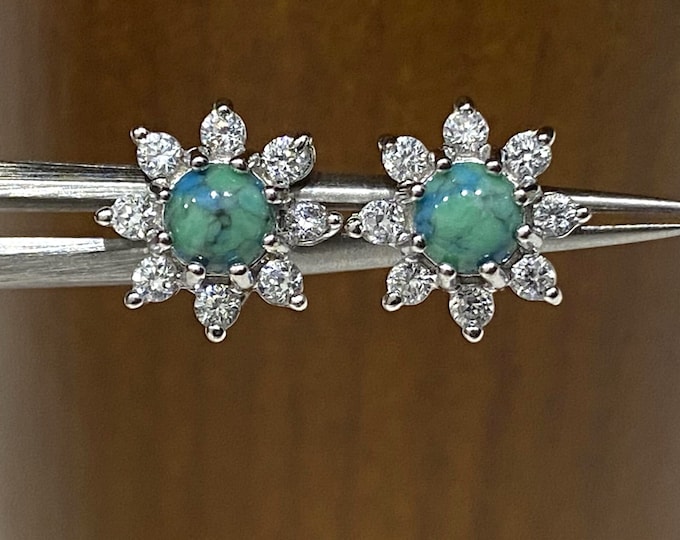 Sterling Silver Turquoise & White Topaz Flower Earrings.
