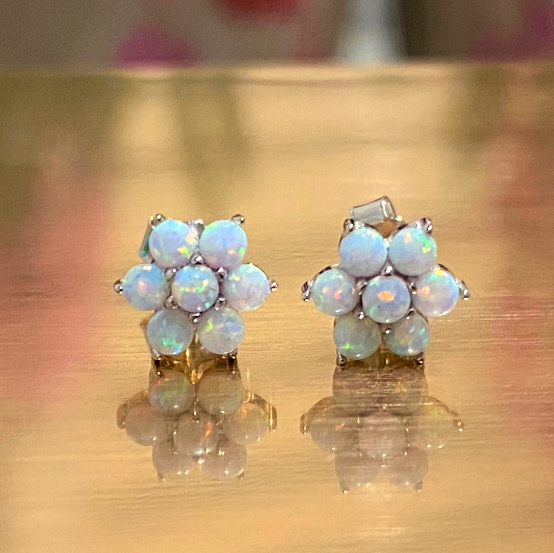 Sterling Silver White Opal Flower Tiny Stud Earrings. - Etsy