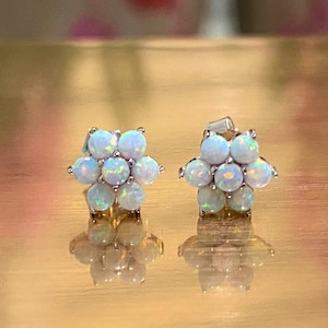 Sterling Silver White Opal Flower Tiny Stud Earrings.