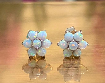 Sterling Silver White Opal Flower Tiny Stud Earrings.