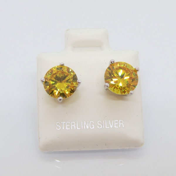 Vintage Sterling Silver Round cut Citrine Stud Earrings 8MM