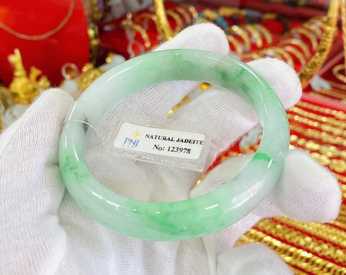 Translucent Natural Green, White & Brown Jadeite Jade Vintage Bangle Bracelet 57MM