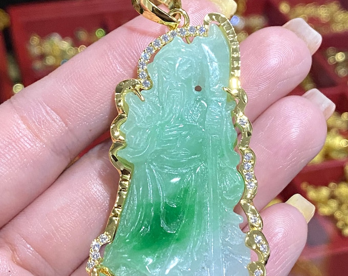Vintage 18K Solid Yellow Gold Green, White Jadeite Jade & White Topaz Guan Yu, Warrior Guan Gong Pendant. Mat Ong Quan Cong.