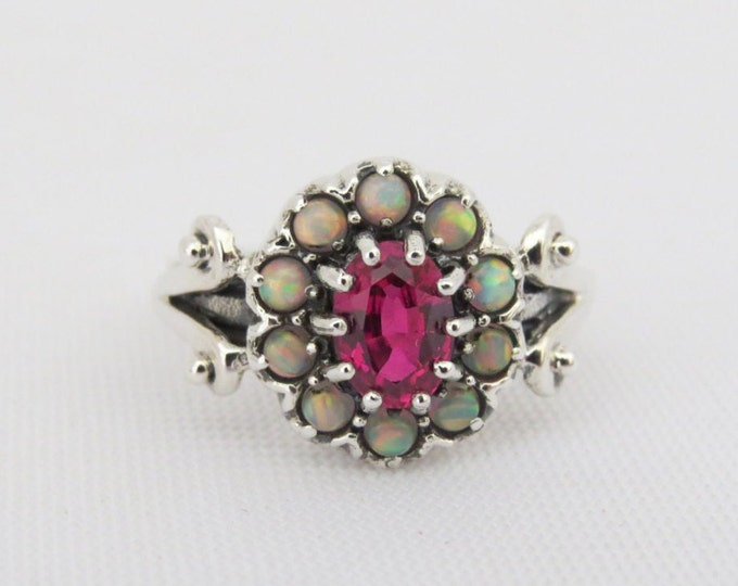 Vintage Sterling Silver Ruby & Opal Cluster Ring Size 9