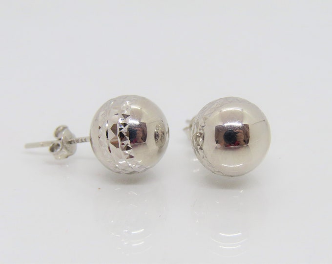 18K 750 Italian Solid White Gold Diamond cut Ball Stud Vintage Earrings 10MM