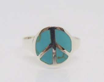 Vintage Sterling Silver Turquoise Peace Sign Ring Size 6