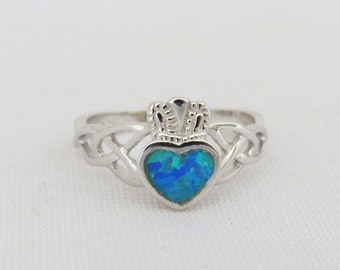 Vintage Claddagh Sterling Silver Inlay Blue Opal Ring Size 7