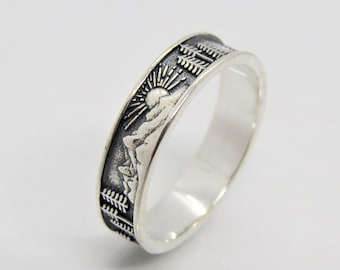 Vintage sterlingsilverring med sol och berg, storlek 7