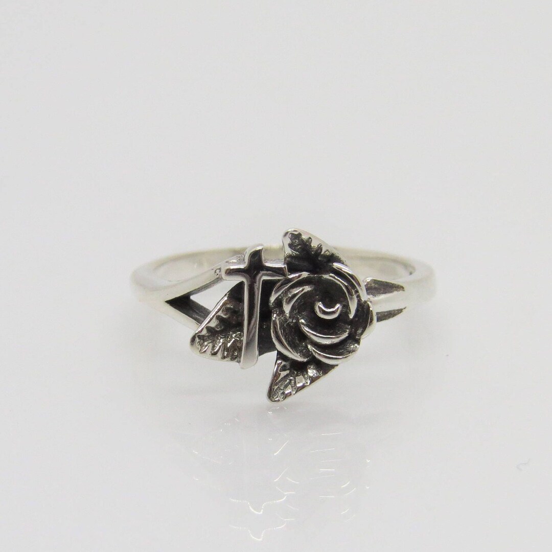 Vintage Sterling Silver Cross & Rose Flower Tiny Band Ring Size 7 - Etsy