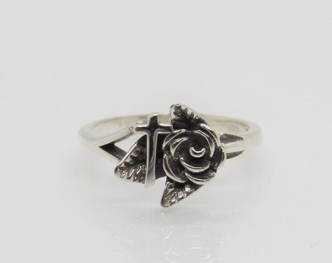Vintage Sterling Silver Cross & Rose Flower Tiny Band Ring Size 7