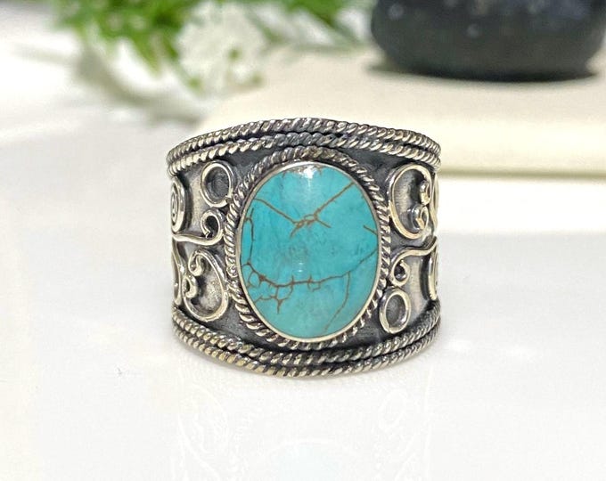 Vintage Sterling Silver Turquoise Ring Size 8.