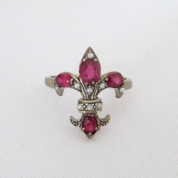 Vintage Sterling Silver Genuine Ruby & Seed Pearl… - image 1