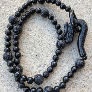 Vintage Translucent Natural Black Jadeite Jade Carved Dragon Clasp Bead Necklace 23''