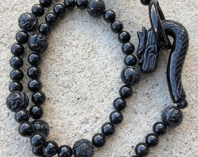 Vintage Translucent Natural Black Jadeite Jade Carved Dragon Clasp Bead Necklace 23''