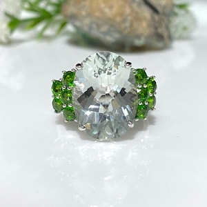 Vintage Sterling Silver Natural Oval Green Amethyst & Chrome Diopside Ring Size 7