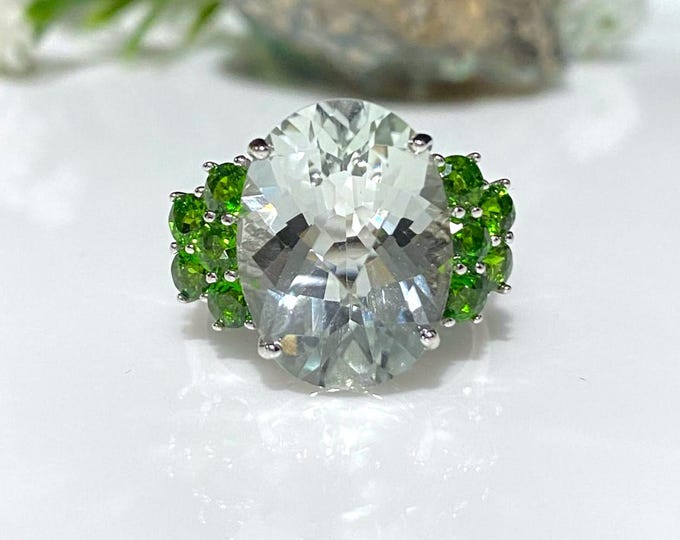 Vintage Sterling Silver Natural Oval Green Amethyst & Chrome Diopside Ring Size 7