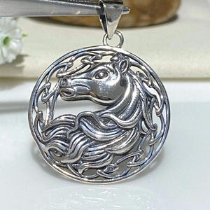 May include: Silver pendant featuring a detailed Celtic knot design with a horse's head in the center.