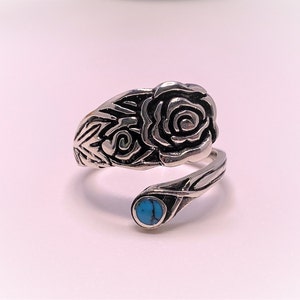 Vintage Sterling Silver Turquoise Rose Flower Spoon Ring Size 9