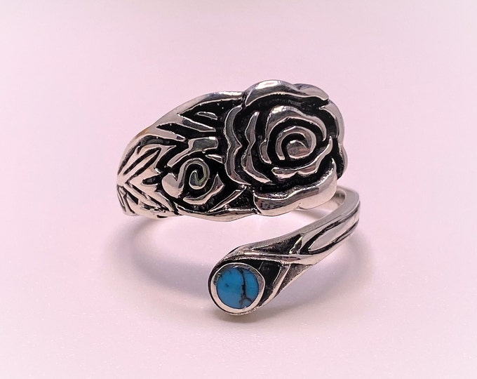 Vintage Sterling Silver Turquoise Rose Flower Spoon Ring Size 9