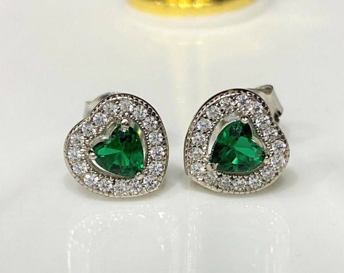 Vintage Sterling Silver Heart cut Emerald & White Topaz Earrings.
