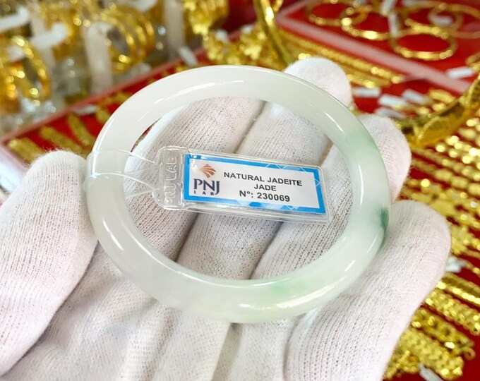 Vintage Translucent Natural Green, White Jadeite Jade Bangle Bracelet 55.1MM