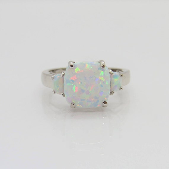 Vintage Sterling Silver White Opal Three stone Ri… - image 1