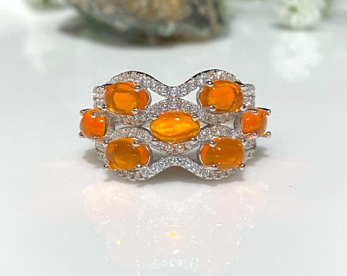 Vintage Sterling Silver Natural Orange Fire Opal & White Topaz Ring Size 7.75