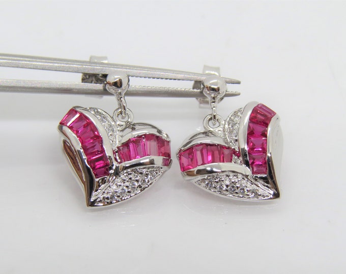 Vintage Sterling Silver Ruby & White Topaz Heart Earrings