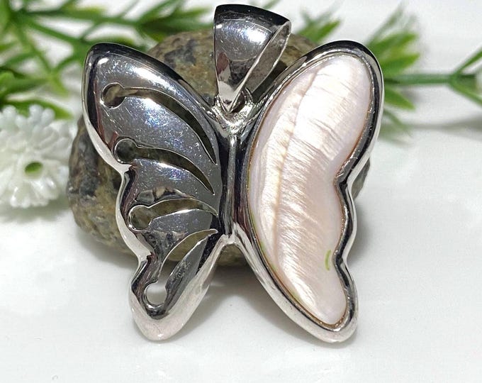 Vintage Sterling Silver Light Pink Mother of Pearl Butterfly Pendant.