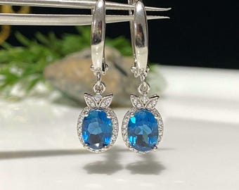 Vintage Sterling Silver Oval cut Natural London Blue Topaz & White Topaz Earrings.