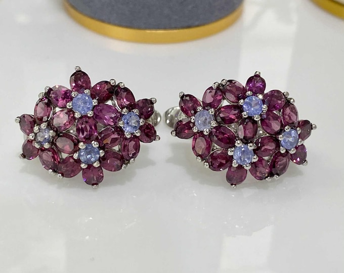 Vintage Sterling Silver Natural Rhodolite & Tanzanite Flowers Earrings.