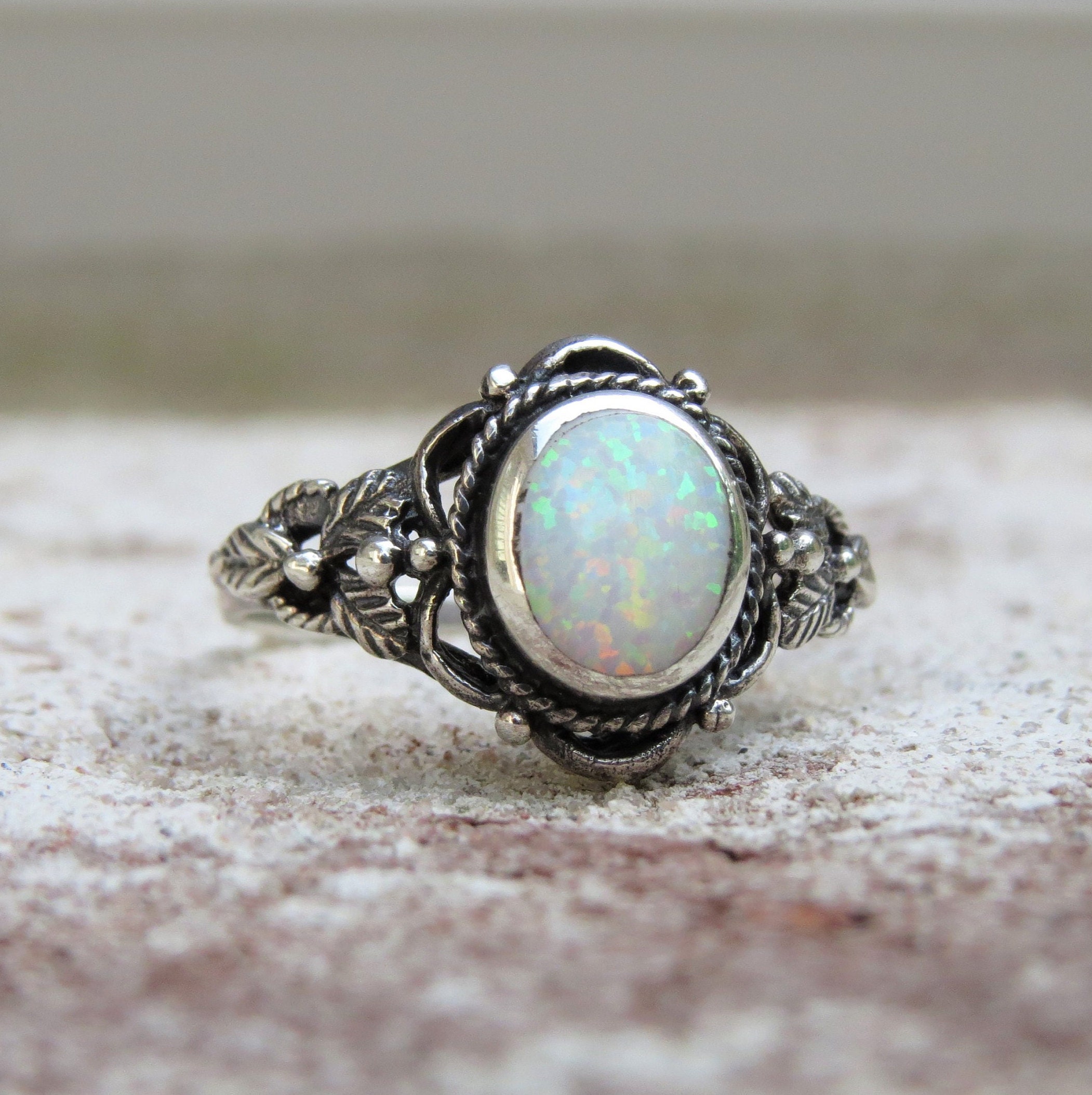 Handmade Vintage Natural Opal Silver Ring - 925 Sterling 2-Tone Plating, Solitaire With Accents, RVS268