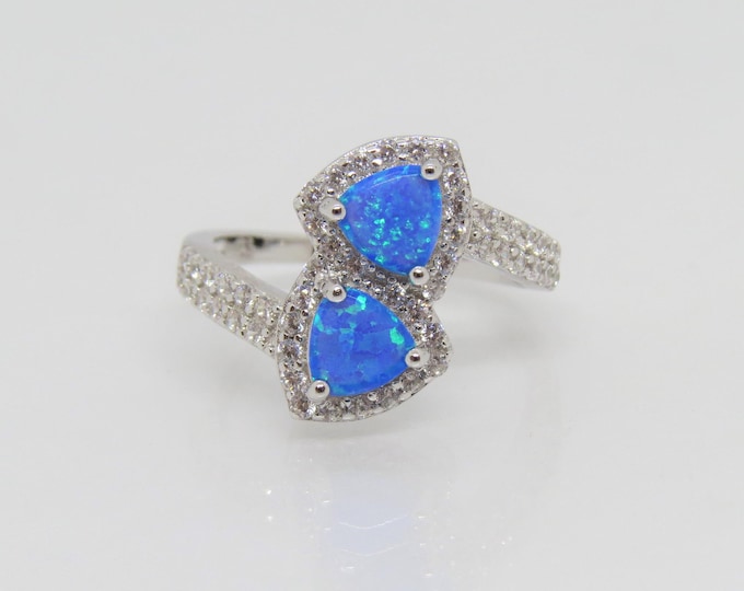 Vintage Sterling Silver Blue Opal & White Topaz Bypass Ring Size 8