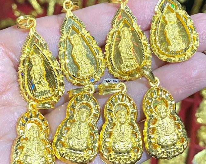 Vintage 24K 980 Pure Gold Kwan-yin Guan Yin Buddha Diamond cut Pendant