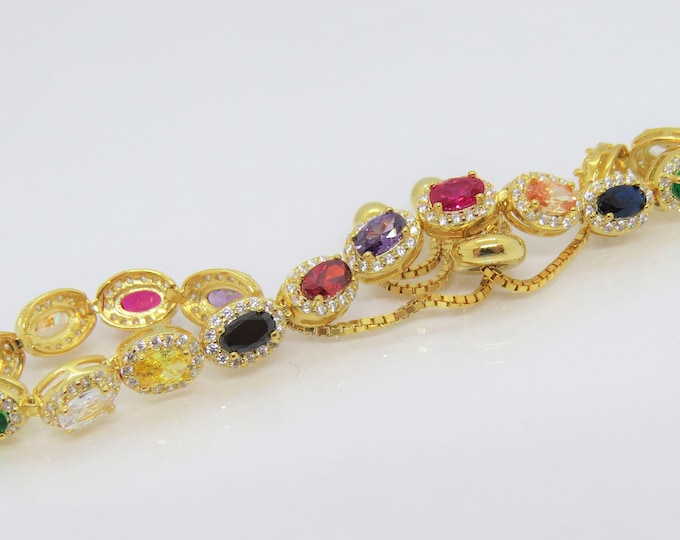Sterling Silver 14K Plated Yellow Gold Multicolor Gemstones Adjustable Vintage Bracelet.