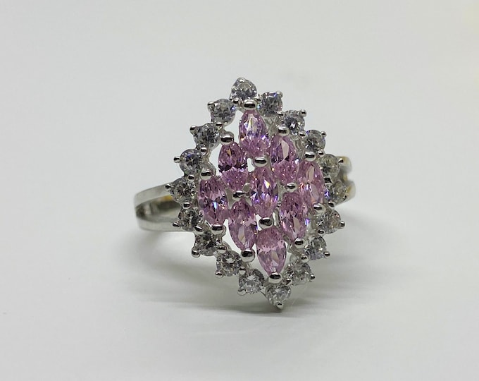 Vintage Sterling Silver Pink Sapphire, White Topaz Band Ring Size 6.