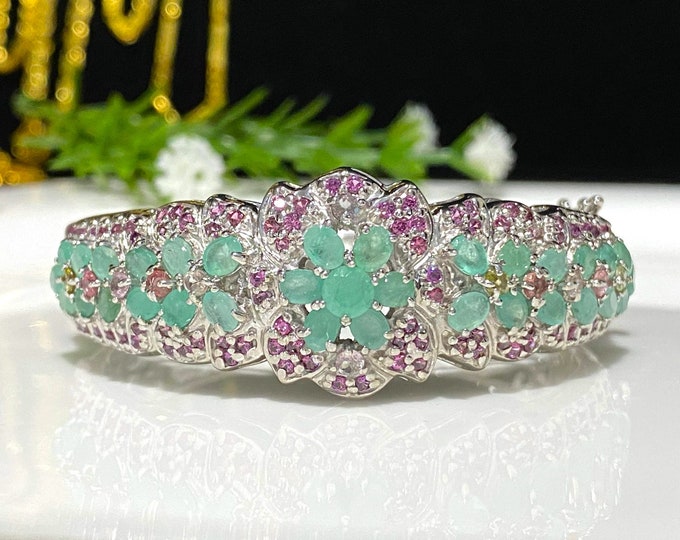 Vintage Sterling Silver Natural Emerald, Tourmaline & Rhodolite Bracelet 54MM