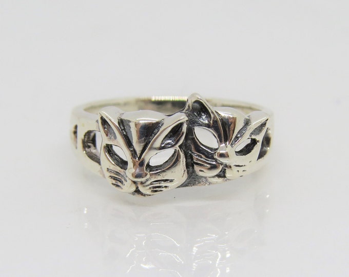 Vintage Sterling Silver Two Cat Face Ring Size 8