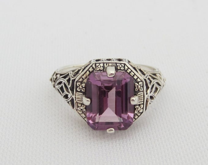 Vintage Sterling Silver Amethyst Filigree Ring Size 9