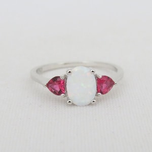 Vintage Sterling Silver White Opal & Red Ruby Ring Size 7