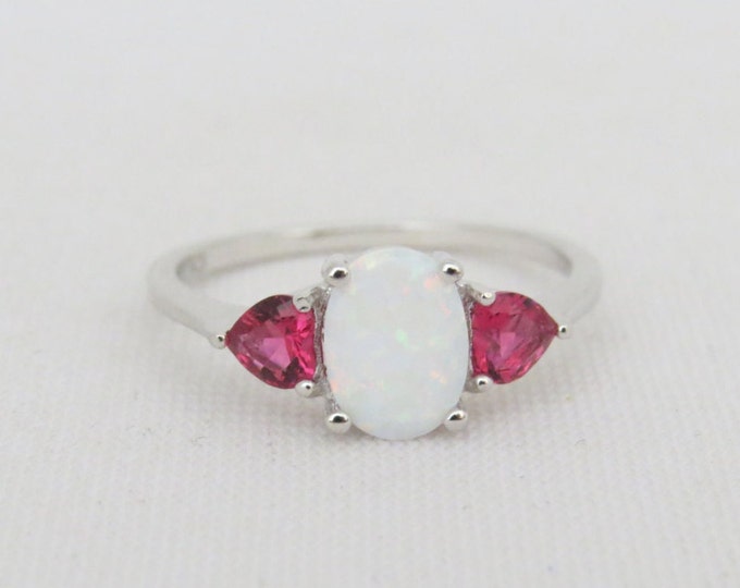 Vintage Sterling Silver White Opal & Red Ruby Ring Size 7