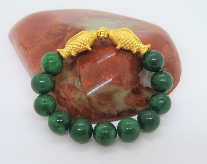Vintage 24K 999 Pure Gold Koi Fish with Green Jadeite Jade Bead Elastic Bracelet 12MM