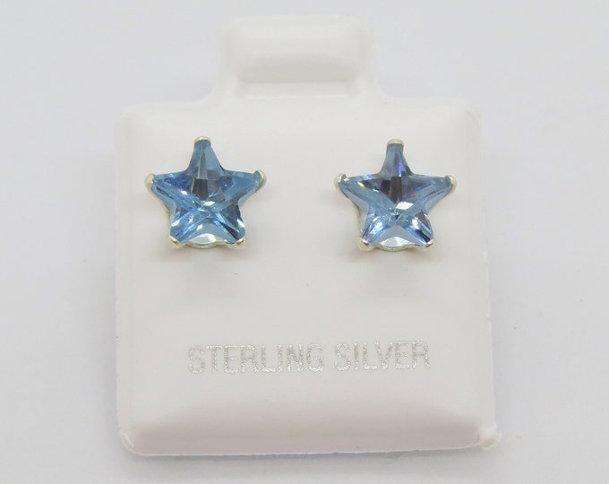 Vintage Sterling Silver Star cut Aquamarine Stud Earrings 7MM