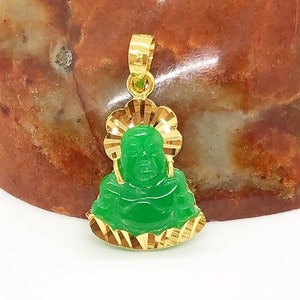 Vintage 18K Solid Yellow Gold Apple Green Jadeite Jade Carved Laughing Buddha Happy Buddha Pendant