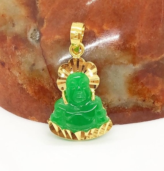 Vintage Buddha Pendant 14k Gold Yellow Gold White Green Jade Buddha Zen Peace Love Happy Buddha Carved Buddha Yoga Hong Kong Not Jadeite WOW