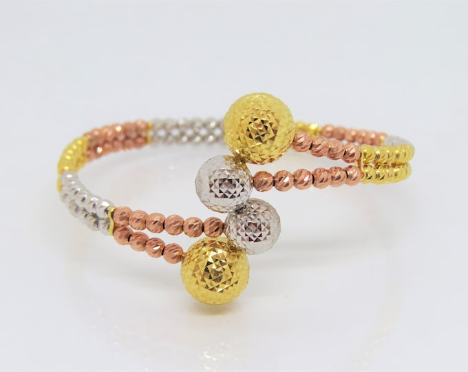 Vintage 18K Tri-Color Gold Diamond cut Balls Bangle Bracelet 7 2/8''