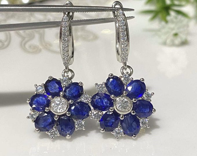 Vintage Sterling Silver Oval cut Natural Blue Sapphire & White Topaz Earrings.